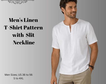May include: A white short-sleeved linen t-shirt with a slit neckline. The image includes the text DERYA PATTERN, Men's Linen T-Shirt Pattern with Slit Neckline, Men Sizes; US 36 to 56 S to 4XL, and Suitable for; A0-A4-US Letter.