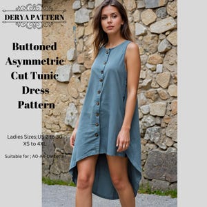 Padrão de túnica com corte assimétrico abotoado, padrão de vestido de túnica, padrão de vestido de linho, vestido de fantasia, padrão de vestido feminino, A0 A4 US Letter-US 2 a 30
