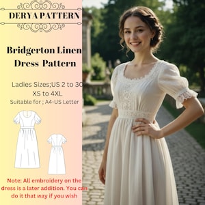 Cartamodello per abito vintage in lino, cartamodelli per abiti da donna, stile Regency Cottagecore. Taglie: US2-30 (A0-A4-USLETTER)