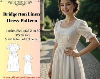Patrón de vestido de lino vintage, patrones de vestidos para mujer, estilo Regency Cottagecore. Tallas: US2-30 (A0-A4-USLETTER).