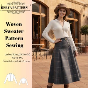 Woven Cardigan Sewing Pattern,Zippered Sweater,Women Skirt Pattern,Size:US2-30 (A0-A4-USLETTER)