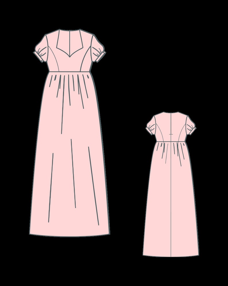 K&ouml;nnte beinhalten: Ein rosafarbenes Maxikleid mit V-Ausschnitt und kurzen Puff&auml;rmeln. Das Kleid hat ein tailliertes Oberteil und einen flie&szlig;enden Rock.
