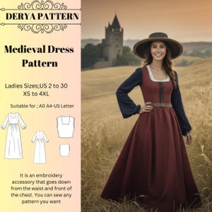 Medieval Dress & Midriff Crop Pattern,Women Dress Patterns,Elvish Dresses,Bouse sewingSize:US2-30 (A0-A4-USLETTER)