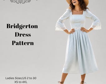 Könnte beinhalten: Ein Schnittmuster mit dem Titel DERYA PATTERN Bridgerton Dress Pattern für die Größen US 2 bis 30, XS bis 4XL, kompatibel mit A0, A4 und US Letter Papier. Das Bild zeigt ein hellblaues Midikleid mit langen Glockenärmeln und Spitzenbesatz.