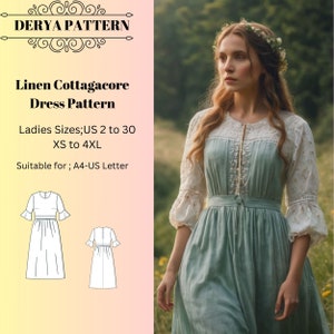 Linen Cottagacore Dress Pattern, Medieval Cosplay Dress, Ball Gown Sewing Pattern, Cottagecore Dress Pattern,A0 A4 US Letter-US 2 to 30