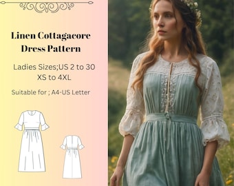 Linen Cottagacore Dress Pattern, Medieval Cosplay Dress, Ball Gown Sewing Pattern, Cottagecore Dress Pattern,A0 A4 US Letter-US 2 to 30