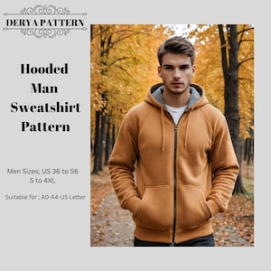 Patrón de costura de sudadera con cremallera para hombre, patrón de sudadera con cremallera, sudadera con capucha para hombre, patrón de sudadera, patrón de costura de sudadera con capucha para hombre, talla 36 a 56, A4 A0, carta