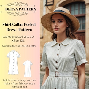 Patrón de vestido con bolsillo y cuello camisero, patrón de vestido de mujer, patrón de vestido de primavera, tamaño A0, A4, carta estadounidense (tallas 2 a 30 de EE. UU.)
