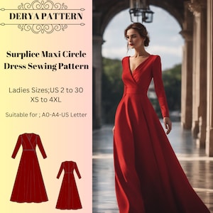 Surplice Maxi Dress Sewing Pattern, Maxi Circle Dress Pattern, Evening Gown, Ball Gown, Prom Dress, Anniversary Dress, Valentine's Day Dress