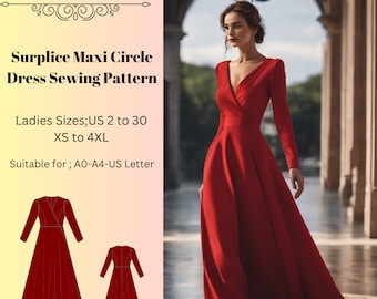 Surplice Maxi Dress Sewing Pattern, Maxi Circle Dress Pattern, Evening Gown, Ball Gown, Prom Dress, Anniversary Dress, Valentine's Day Dress