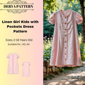 Linen Girl&#39;s Dress Sewing Pattern with Pockets (A4 - A0, 2-16 Years) (PDF Pattern)