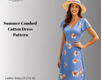 Summer Combed Cotton Dress Sewing Pattern,Women Dress Patterns,Spring,short sleeveSize:US2-30 (A0-A4-USLETTER)