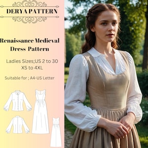 Renaissance Medieval Cosplay Dress and Corset Pattern,Fairy,Regency,Elvish dress,Maxi Dress,Halloween costume , A0 A4 US Letter-US 2 to 30&#39;