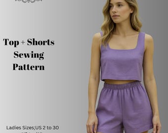 Linen Top and Shorts Sewing Pattern,Women's Dress Patterns,Summer  Crop,Size:US2-30 (A0-A4-USLETTER)