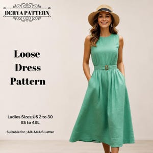May include: A sleeveless midi dress in a solid light green color featuring a round neckline, a fitted waist with a rectangular buckle belt, and a flared skirt. Text reads DERYA PATTERN, Loose Dress Pattern, Ladies Sizes; US 2 to 30, XS to 4XL.