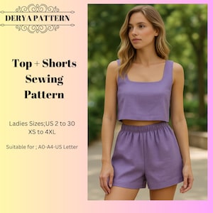 Linen Top and Shorts Sewing Pattern: Women&#39;s Summer Suit (US 2-30) (PDF Pattern)