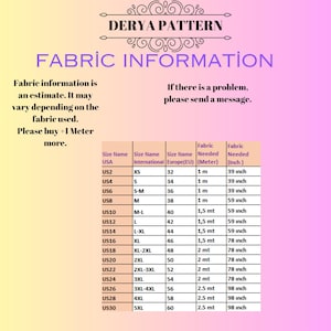 May include: A fabric information chart with size conversions from USA to International and European sizes. The chart includes fabric needed in meters and inches, ranging from XS to 5XL. The text "DERYA PATTERN" is at the top.