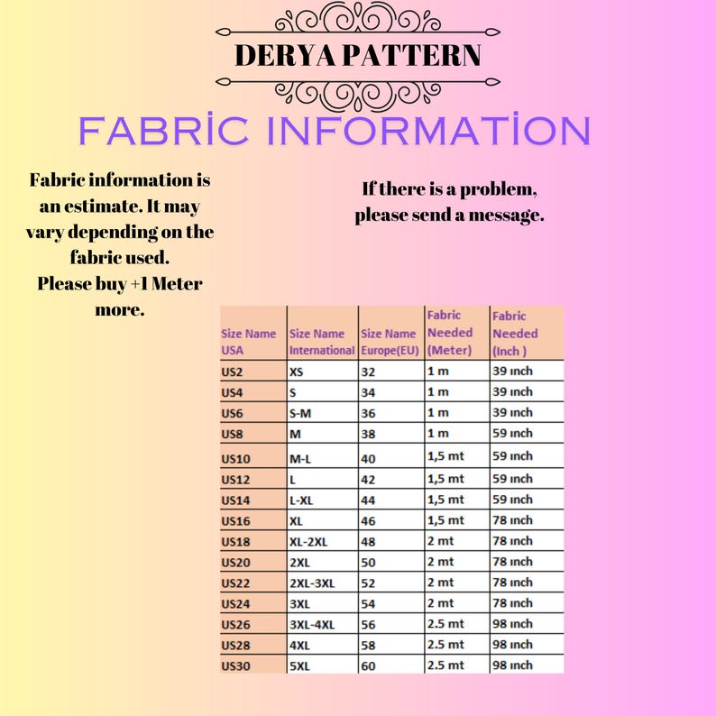 May include: A fabric information chart with size conversions from USA to International and European sizes. The chart includes fabric needed in meters and inches, ranging from XS to 5XL. The text "DERYA PATTERN" is at the top.