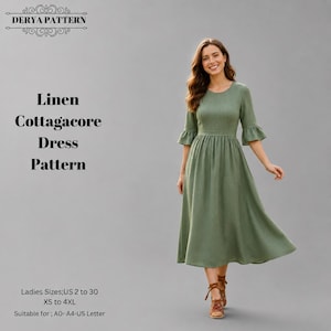 Op de afbeelding: Een saliegroene midi-jurk met driekwart klokmouwen en een ronde halslijn. De tekst luidt: DERYA PATTERN, Linen Cottagacore Dress Pattern, Ladies Sizes; US 2 to 30, XS to 4XL, Suitable for; A0- A4-US Letter.