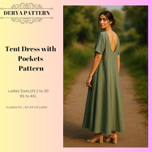 Puede incluir: Una mujer con un vestido verde tipo tienda con bolsillos y mangas cortas. El vestido tiene la espalda baja. El texto a la izquierda dice "DERYA PATTERN" y "Tent Dress with Pockets Pattern". Disponible en tallas US 2 a 30, XS a 4XL.