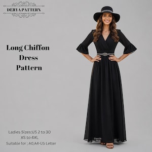 Op de afbeelding: Een lange zwarte chiffon jurk met een V-hals, driekwart klokmouwen en een decoratieve riem in de taille. De tekst DERYA PATTERN, Long Chiffon Dress Pattern, Ladies Sizes; US 2 to 30, XS to 4XL, Suitable for; A0, A4-US Letter is zichtbaar.
