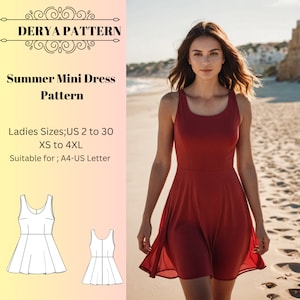 Patrón de minivestido de verano, Patrón de vestido de verano, Patrón de vestido de primavera, Patrón de vestido de mujer A0 A4 Carta de EE. UU. - EE. UU. 2 a 30