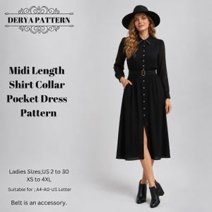 May include: A black midi length shirt collar pocket dress pattern by Derya Pattern. The dress features long sleeves, a button-down front, and a matching belt. Text includes Derya Pattern, Midi Length Shirt Collar Pocket Dress Pattern, Ladies Sizes US 2 to 30 XS to 4XL, Suitable for A4-A0-US Letter, and Belt is an accessory.