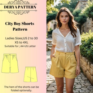Patrón de costura para pantalones cortos City Boy, patrón para pantalones cortos de mujer, patrón para pantalones cortos cortos, patrón para pantalones cortos de vacaciones, tamaño A0, A4, carta estadounidense (US 2 a 30)