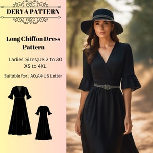 Patrón de vestido largo de gasa, patrón de costura de vestido de bruja, disfraz de Halloween, regencia, vestido élfico, vestido largo, tamaño A0 A4 Carta de EE. UU. - EE. UU. 2 a 30