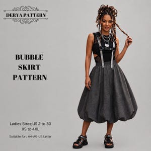 Puede incluir: Un patrón de falda tipo burbuja de Derya Pattern que presenta una falda midi gris oscuro con un diseño de remolinos texturizados, combinada con una blusa negra sin mangas y tirantes grises. El texto incluye Derya Pattern, Bubble Skirt Pattern.