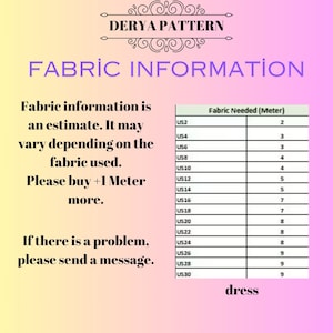 May include: A Derya Pattern informational chart with a gradient background. The text reads Fabric Information, Fabric information is an estimate. It may vary depending on the fabric used. Please buy +1 Meter more. If there is a problem, please send a message. A table lists US sizes 2 through 30 with corresponding fabric requirements in meters for a dress.