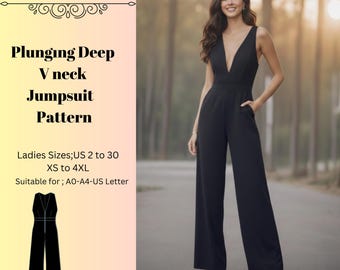 Deep V-Neck Jumpsuit Sewing Pattern,Women Jumpsuit Patterns, Comfortable,Wedding Guest Size:US2-30 (A0-A4-USLETTER)