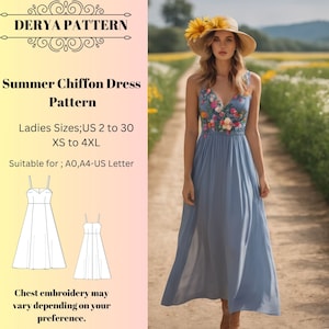 Vestido de gasa de verano, patrón de costura para vestido largo, patrón de vestido de primavera, patrón de vestido de mujer A0 A4 Carta de EE. UU. - EE. UU. 2 a 30