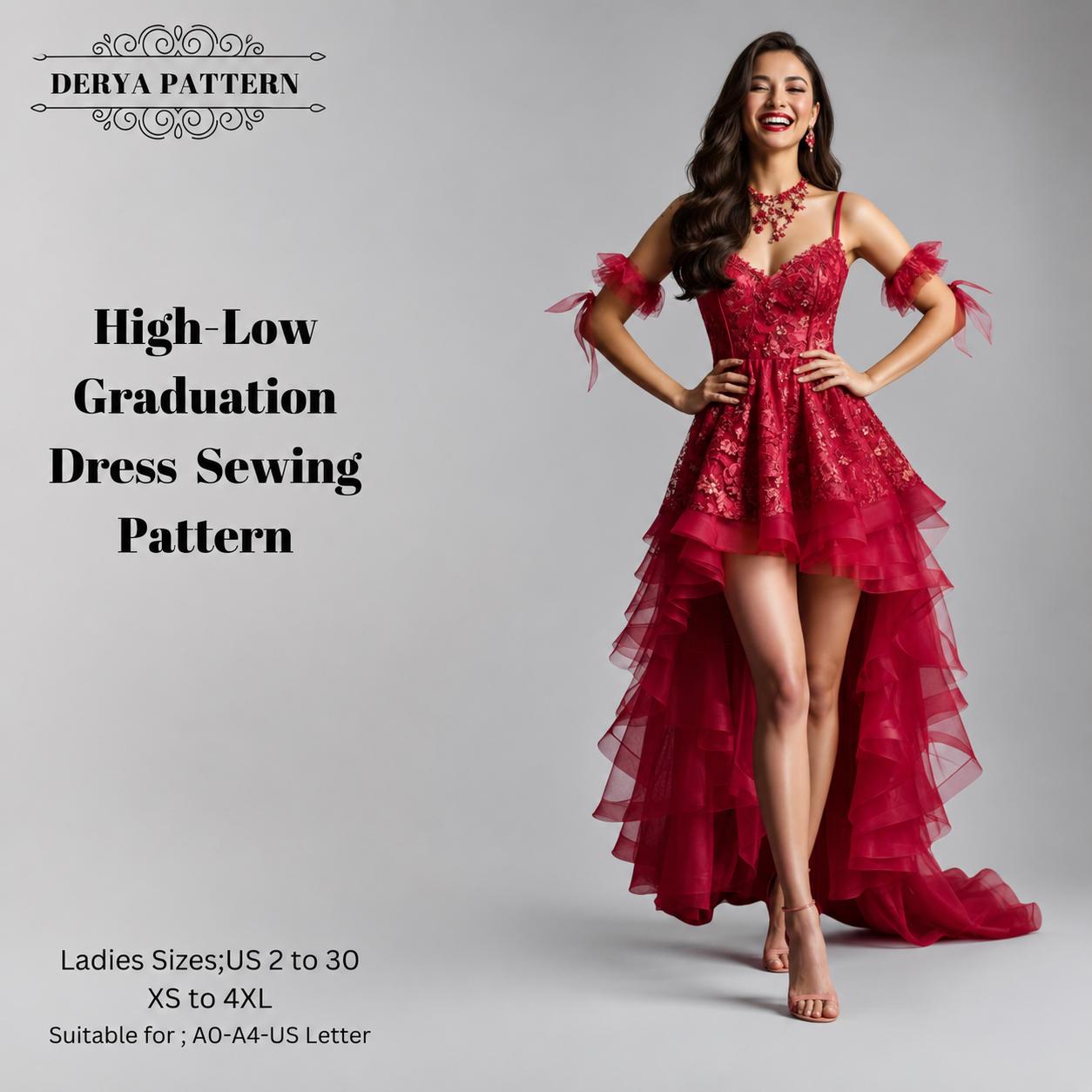 High-Low Dress Sewing Pattern,Graduation Ball Gown,Women Dress Patterns,Size:US2-30 (A0-A4-USLETTER)
