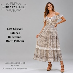 Pode incluir: Um molde de vestido intitulado DERYA PATTERN com um estilo boémio palazzo de mangas baixas. A peça é um vestido midi com estampado paisley castanho e branco, mangas caídas, cintura ajustada e um detalhe de acabamento em renda branca.