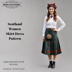 Mönster för skotsk kiltklänning, bohemisk stil för kvinnor, kjolmönster, storlek: US2-30 (A0-A4-USLETTER)