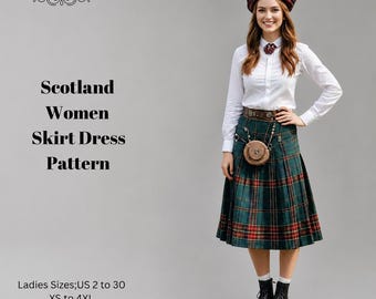 May include: A sewing pattern titled DERYA PATTERN for a Scotland Women Skirt Dress Pattern, featuring a white long-sleeve button-down shirt, a green, red, and yellow plaid pleated skirt, a brown leather sporran, and a matching plaid beret.