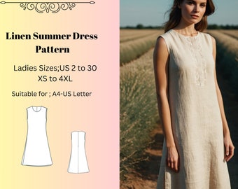 Linen Summer Dress, Midi Dress Sewing Pattern, Spring Dress Pattern,Women Dress Pattern A0 A4 US Letter-US 2 to 30