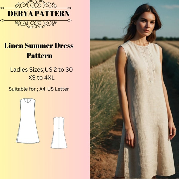 Linen Summer Dress, Midi Dress Sewing Pattern, Spring Dress Pattern,Women Dress Pattern A0 A4 US Letter-US 2 to 30