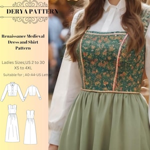Renaissance Medieval Dress and Shirt Pattern ,Fairy,Regency,Elvish dress,Maxi Dress,Halloween costume , A0 A4 US Letter-US 2 to 30&#39;