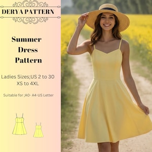 Puede incluir: Una mujer con un vestido de verano amarillo y un sombrero de paja. El vestido tiene un corpiño ajustado y una falda acampanada. La imagen incluye el texto "DERYA PATTERN Summer Dress Pattern Ladies Sizes; US 2 to 30 XS to 4XL".