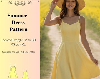 Summer Strap Dress Sewing Pattern,Women Dress Patterns, Spring Dresses, Wedding GuestSize:US2-30 (A0-A4-USLETTER)