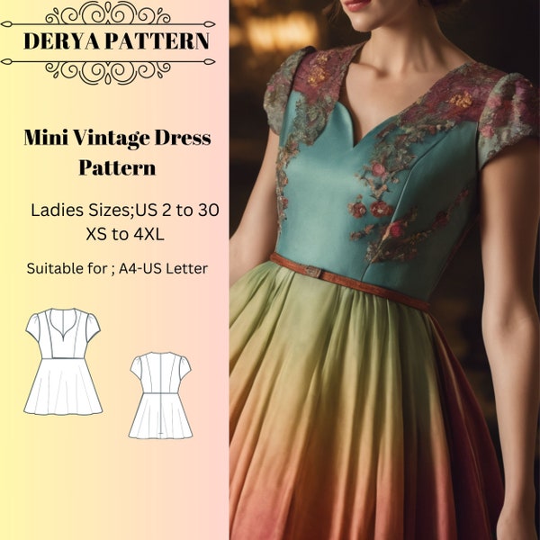 Mini Vintage Dress Pattern, Prom Dress Pattern,cocktail dress Pattern, Fairy,Halloween costume , A0 A4 US Letter-US 2 to 30'