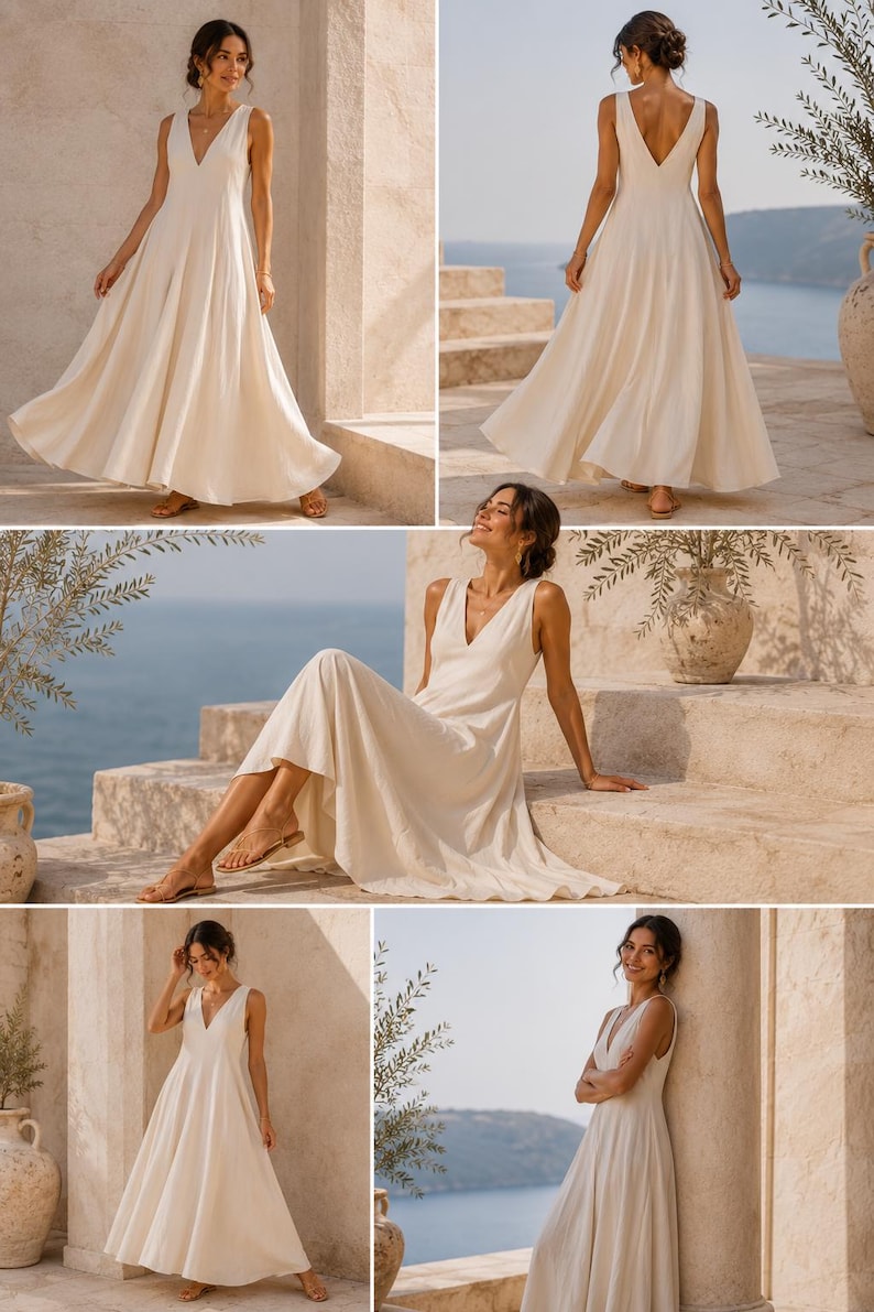 May include: A floor-length, sleeveless cream-colored dress featuring a deep V-neckline, a fitted bodice, and a full, flowing skirt. The garment is constructed with a solid, light-colored fabric that drapes loosely from the waist to the hemline.