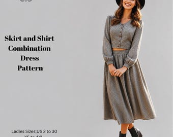 May include: A two-piece outfit consisting of a long-sleeved button-down crop top and a matching midi skirt, both featuring a small-scale dark speckled pattern on a light background. Text includes DERYA PATTERN, Skirt and Shirt Combination Dress Pattern, and Ladies Sizes US 2 to 30, XS to 4XL.