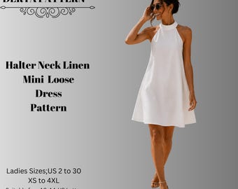 Halter Neck Linen Mini Dress Sewing Pattern PDF,Women Dresses,Patterns, Summer / US2-30 (A0-A4-USLETTER)
