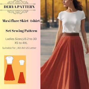 Maxi flare Skirt- tshirt Sewing Pattern, Women T-shirt Sewing Pattern,  Women&#39;s Crop t-shirt,  The Easiest Mold to Make Women&#39;s T-Shirt