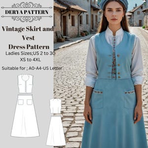 Vintage Skirt and Vest Dress Sewing Pattern,Renaissance Dress,Victorian Dress,Fairy,Vintage Dress Pattern, Vest A0 A4 US Letter-US 2 to 30