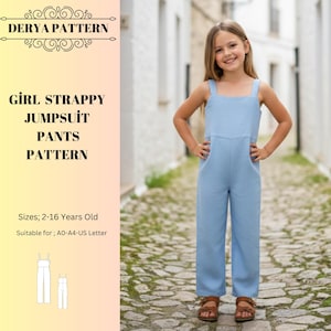 May include: A young girl wearing a light blue strappy jumpsuit. The jumpsuit has a square neckline and wide straps. The image also includes text that reads "GIRL STRAPPY JUMPSUIT PANTS PATTERN" and "Sizes; 2-16 Years Old".