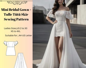 Mini Bridal Gown Sewing Pattern,Tulle Skirt,Women Dress Patterns, Wedding DressSize:US2-30(A0-A4-USLETTER)